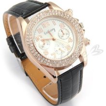 Unisex Black Pu Leather Rhinestone Crystal Quartz Wrist Watch Gift