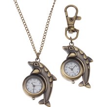 Unisex Dolphin Style Alloy Quartz Analog Keychain Necklace Watch (Bronze)