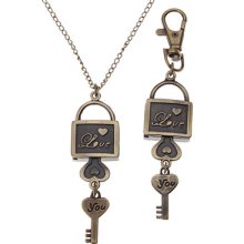 Unisex Lock Love Style Analog Alloy Quartz Keychain Necklace Watch (Bronze)