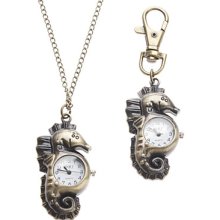 Unisex Sea Horse Style Analog Alloy Quartz Keychain Necklace Watch (Bronze)