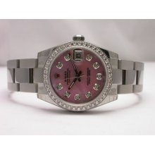 Unworn Rolex Mid Size Steel Watch Pink Mop Diamond Dial & Bezel 178240