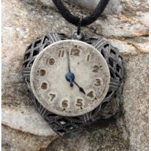 Valentines steampunk locket filigree heart with vintage watch face and watch parts- unique gift