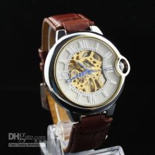 Vegan Mens Gold Skeleton Rome Auto Mechanical Brown Watch Freeship