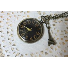 Vintage Black and Yellow Pocket Watch Necklace - with the Eiffel Tower pendant