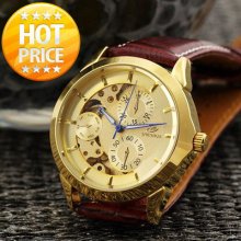 Vintage Delicate Men Golden Skeleton Automatic Mechanical Watch Brown Leather