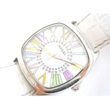 Vintage Honora Signed Pastel White Leather Watch Quartz w/ Date - EA523