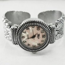 Vintage Metal Quartz Bangle Wrist Watch Pink Face Ladies Analog Watch