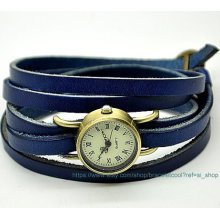 Vintage Style Blue Leather Bracelet Wrap Watch Bracelet ,Handmade Women's Watch, Everyday Bracelet RZ0149