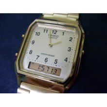 Vintage Style Casio Analog Digital Men Dual Time Watch Gold Tone Steel Strap