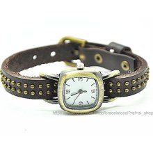 Vintage Style Chocolate Leather Bracelet Watch, Rivet Bracelet Watch Handmade Women's Watch, Everyday Bracelet PB0132