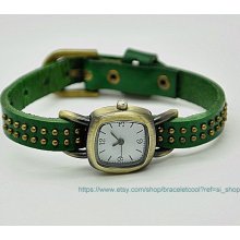 Vintage Style Green Leather Bracelet Watch, Rivet Bracelet Watch Handmade Women's Watch, Everyday Bracelet PB0148