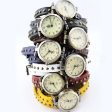 Vintage Stylish Slim Round Quartz Dial Cowskin Strap Lady Wrist Watch Bracelet