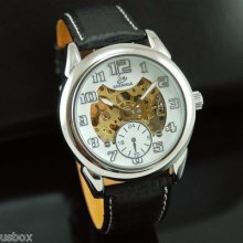 Vogue Automatic Timepiece Men's Mechanical Watch White Dial Pu Leather Clock