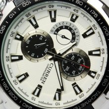 Vogue White Water Resistant Quartz Hour Dial Clock Men Steel Silver Wrist Watch