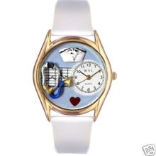 Whimsical 3d Nurse Blue Novelty Wrist Watch Ladies White Leather Hand Made Usa