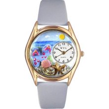 Whimsical Watches Women's Flip-Flops Bay Blue Leather and Gold Tone