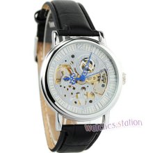 White Dial W/ Small Crystal Mechanical Hand Winding Mens Wrist Watch Leather