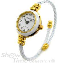 White Gold Cable Band Geneva Petite Size Bangle Cuff Watch