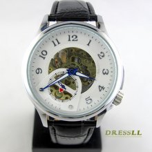 White Hollow Dial Automatic Mechanical Pu Leather Band Wrist Watch