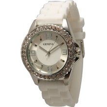 White Silicone Matching Band/dial With Rhinestones Cz Bling Ceramic Watch