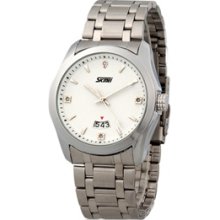 White Skmei 9057 Water Resistant Analog Watch with Steel Strap