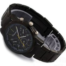 Wilon 3 Sub Dials Decorated Yellow Hands Mens Black Stainless Steel Wrist Watch