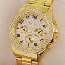 With Crystal Golden Stainless Steel Quartz Mens Wrist Watch Charm Luxury Design