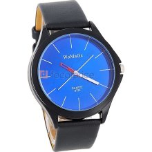 WOMAGE 9724 Men's Round Dial Black Leather Strap Analog Watch (Blue)