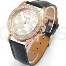 Women Black Pu Leather Rhinestone Crystal Quartz Wrist Watch Fashion