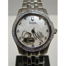 Women Bulova Automatic Watch 96r122 Heart Skeleton Diamond Msrp$750 Mop Dial