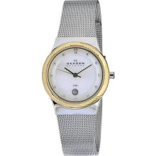 Women's Stainless Steel Case and Mesh Bracelet Mother of Pearl Dial Date Display