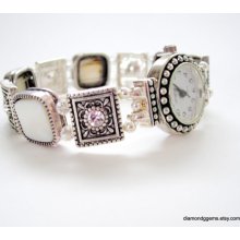 Women's Watch Geneva Wrist Watch Women's Stretch Wrist Watchband Swarovski Elements Sliders White Shell Sliders Handmade Chic Bracelet Watch