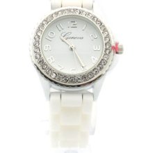 Women's White Silicone Band Watch With Rhinestones Around Dial