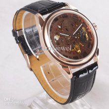 Wristwatch Black Leather Strap Min. Order 5pcs Rose-golden Case &