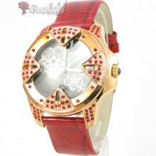 Y161 Trendy Fashion Women/lady Red Rose Crystal Watch W/ Box Leather Classic