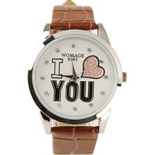 You I Love Pattern PU Leather Band Cute Quartz Lady's Wrist Watch - Brown