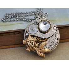 ZEN GARDEN - Antique year 1925 Elgin watch movement necklace with vintage Swarovski crystal and goldfish charm