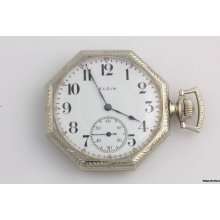 1915 Elgin 17 Jewels Pocket Watch - 14k Solid White Gold Working Antique