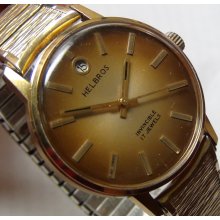 1970' Helbros Invincible Mens Gold 17Jwl Calendar Watch - Almost Mint