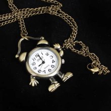 1pc Clock Cartoon White Dial Brozen Tone Necklace Watch For Kids