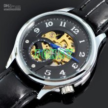 1pcs Men Gold Tone Automatic Mechanical Hollow Watch Black Leather 0