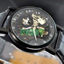 1pcs New Fashon Mechanical Watch Black Leather Watch Mens Watches 01