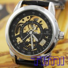 2012 Hotsale New Black Golden Skeleton Mens Automatic Watch Leather