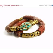 25% OFF SALE Urban Tribal Vintage African Brown Snake Cut Beaded Tibetan Bracelet Duo