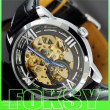 3pcs Fashion Mens Auto Mechanical Watch Gold Hollow Leather Watches