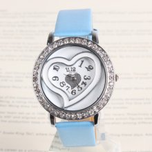 6 Colors Leather Love Heart Face Unisex Quartz Wrist Watch With Rhinestone