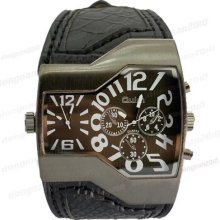 6 Colors Unique Leather Watchband Men's Quartz Watch Two Time Zone Wrist Watch