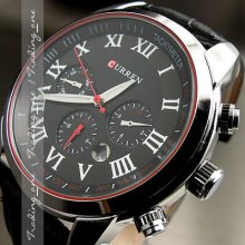 6 Dial Clock Day Hours Hand Date Water Black Leather Men Wrist Watch Ah171