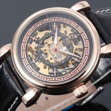 Ak-homme Men Black Leather Rose Golden Automatic Mechanical Wrist Watch Ak226