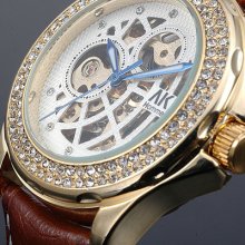 Ak-homme Men Brown Leather Skeleton Face Automatic Mechanical Watch Golden Ak227